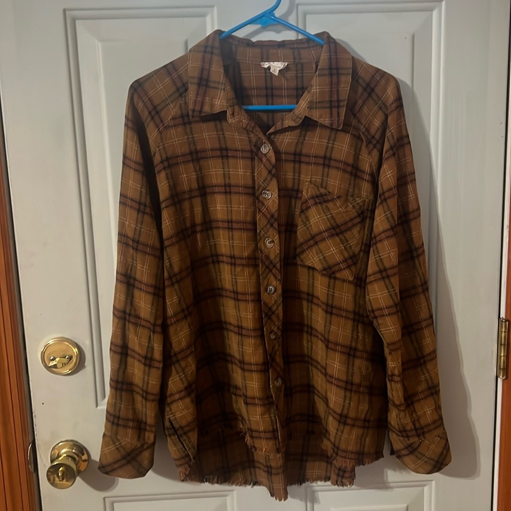 Hem & Thread brown plaid, fringed button down flannel shirt sz small